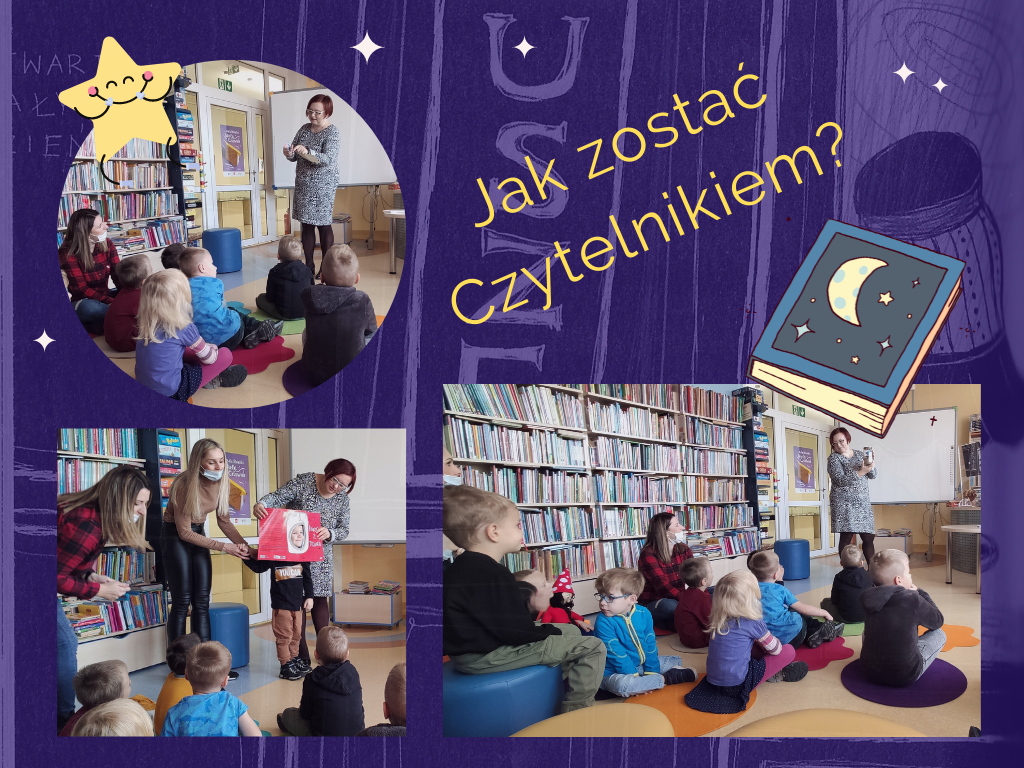 Zdjęcie kolorowe, strona prezentacji, przedszkolaki w bibliotece w Połańcu