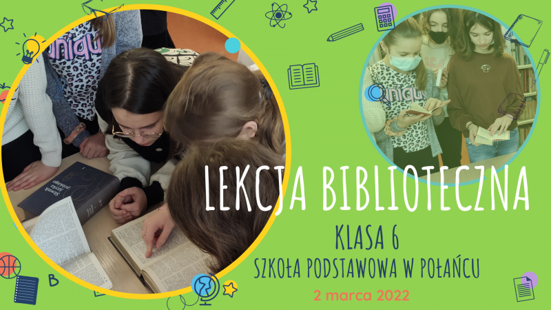 Zdjęcie kolorowe, młodzież z klasy szóstej na lekcji bibliotecznej